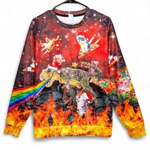 Christmas Sweatshirt Galaxy Dinosaur Flying Cats Pigs Santa Hat Rainbow Medium